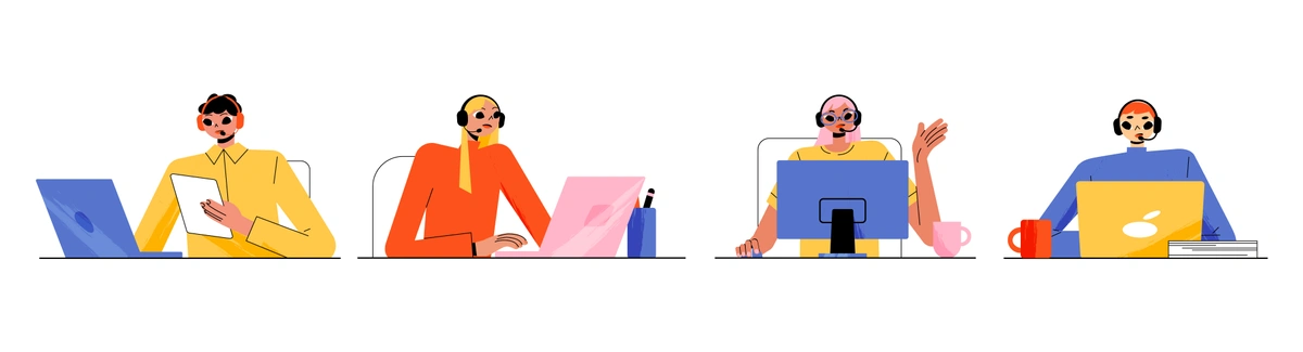 Four individuals in an office setting, each engaged with different digital devices, representing the diversity of modern work tools.