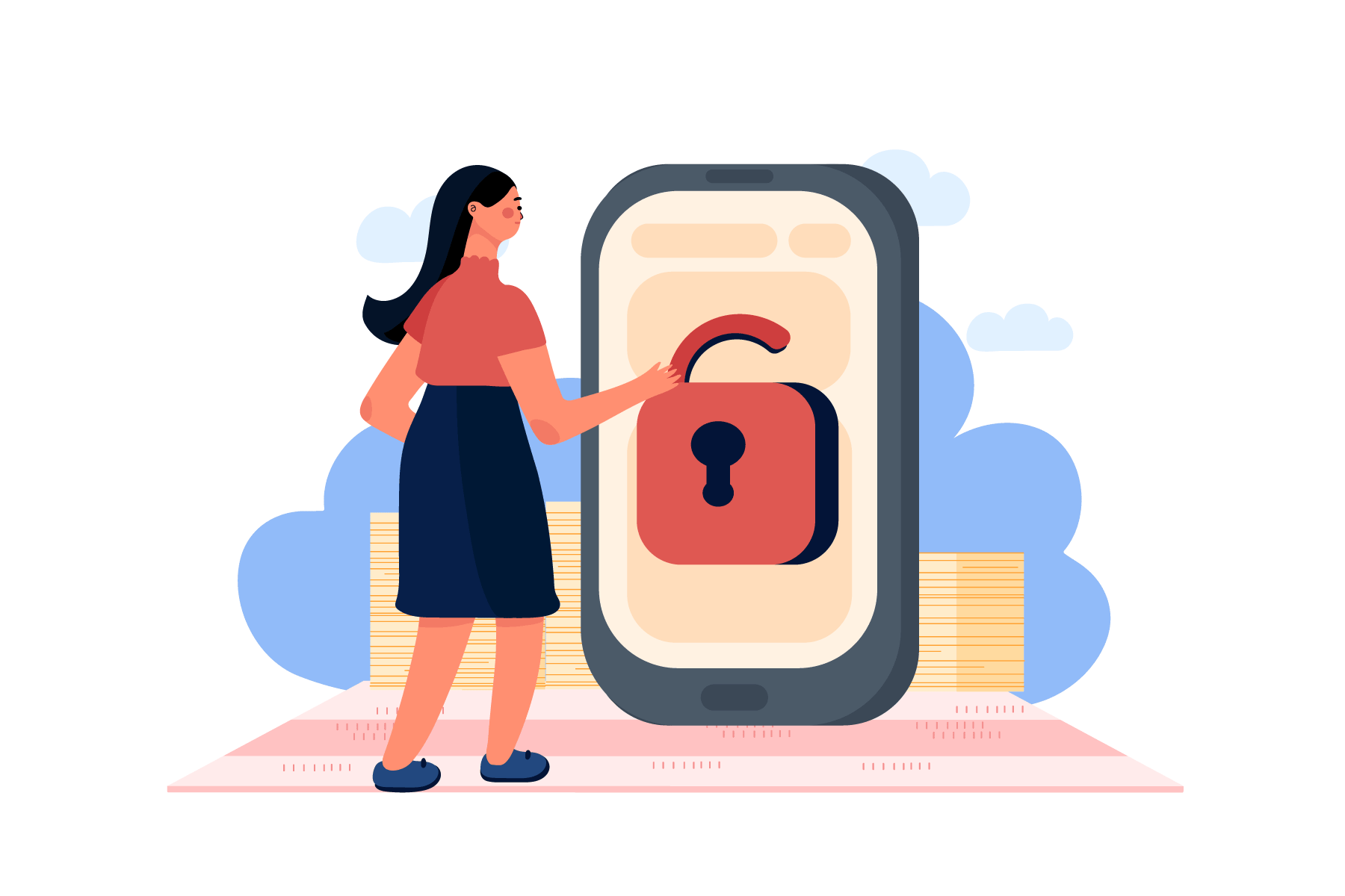 Woman looking at phone protected by a padlock