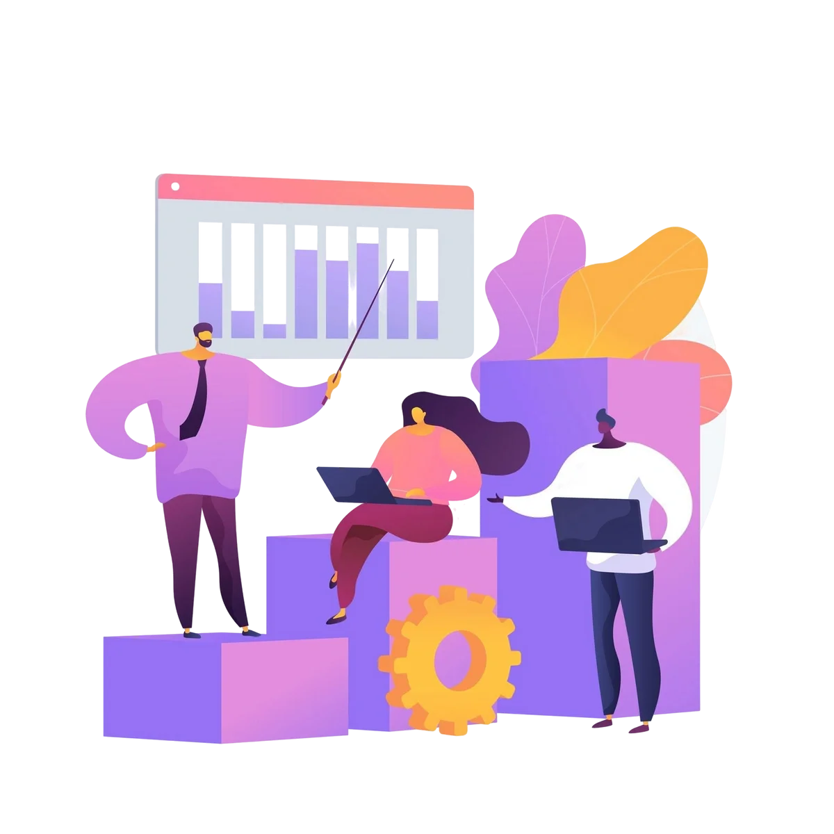 Team collaborating on laptops with bar chart and gear icon, illustrating data analysis and workflow optimization.