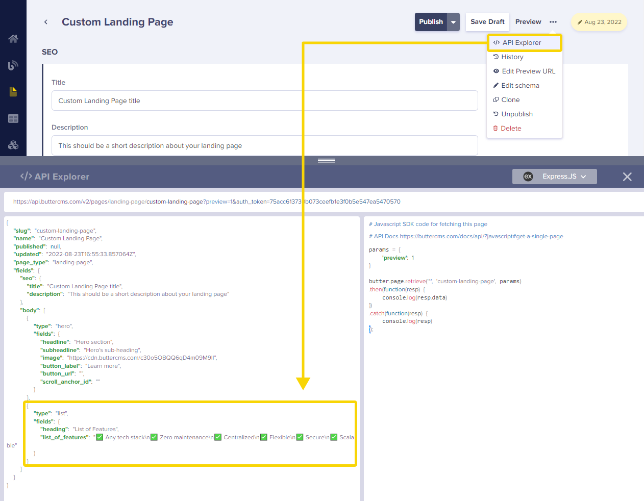 Json response data showing the new features list component