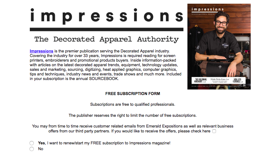 The Impressions Magazine free subscription page