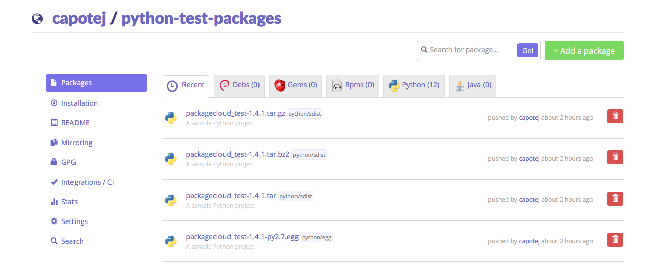 the capotej/python-test-packages packagecloud repository