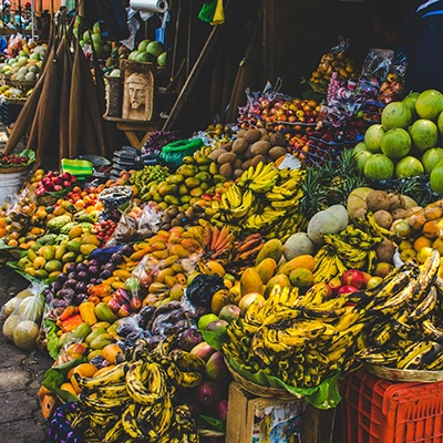 A bunch of fruit display on basket