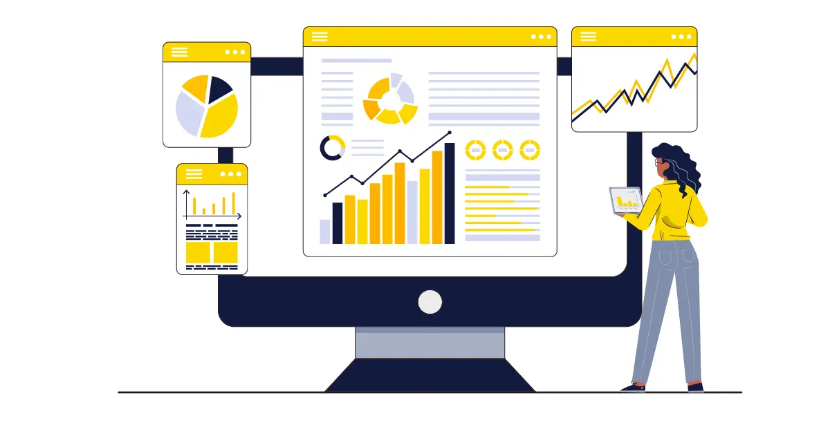 A woman analyzing a variety of charts and graphs.