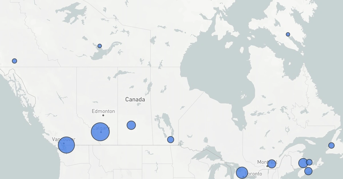 Blue dots on map indicating the most popular courses in each Canadian province and territory