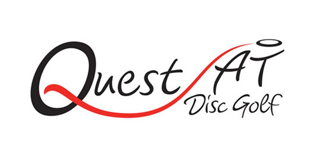 A logo in flowing writing that says "Quest AT Disc Golf"