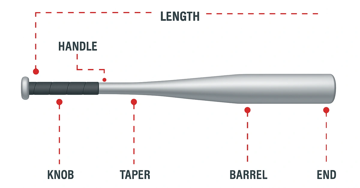 Diagram of a metal baseball bat with labeled parts including knob, grip, taper, handle, barrel, end, and total length