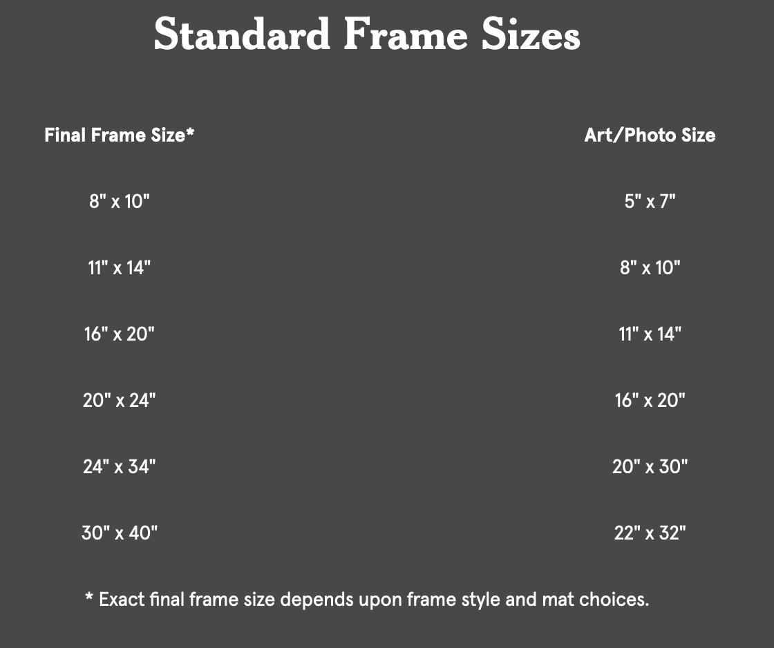 Tradition Picture frame sizes in INCHES prints POSTER PRINTING SERVICE 