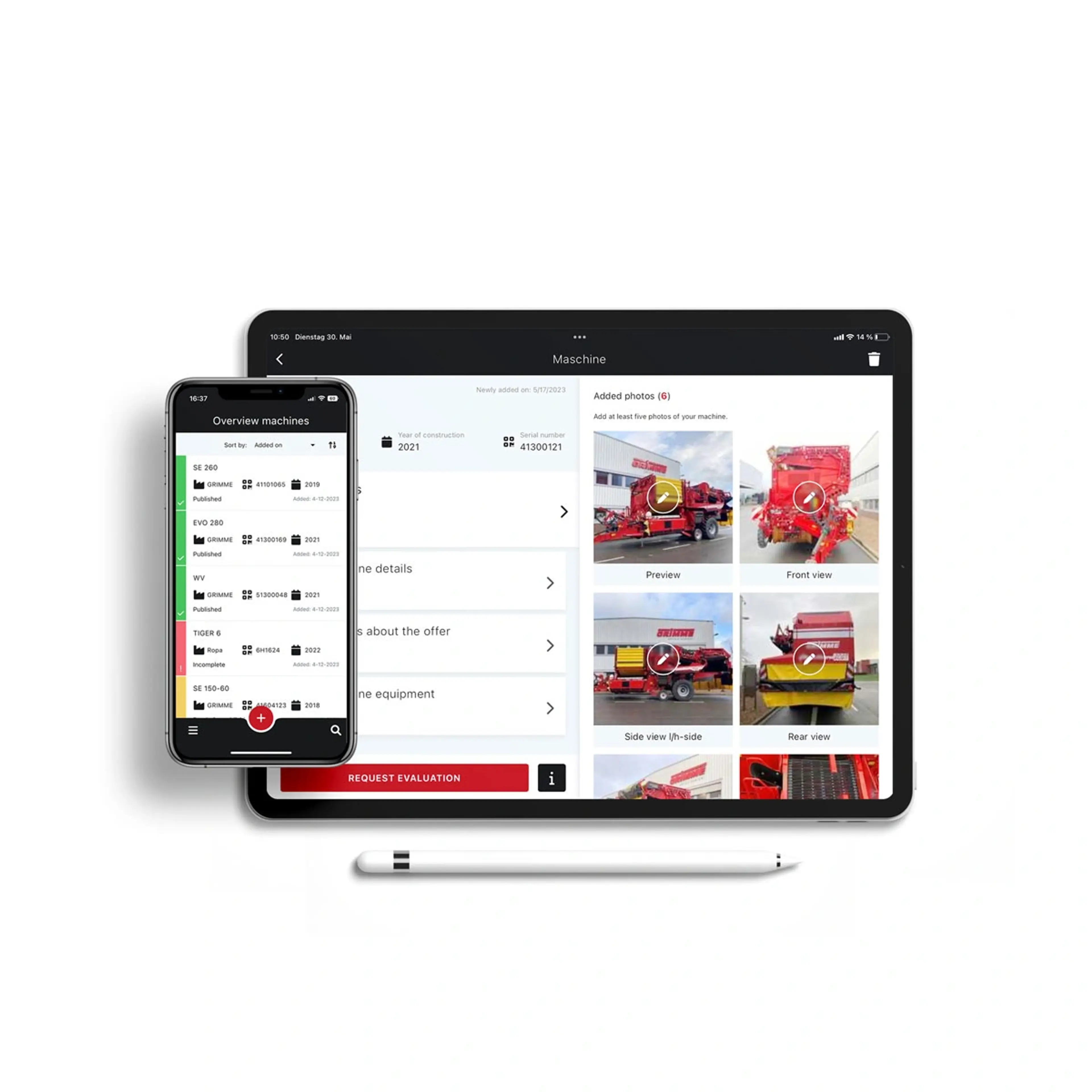 Zrzuty ekranu aplikacji GRIMME Resell App na smartfonie i na tablecie