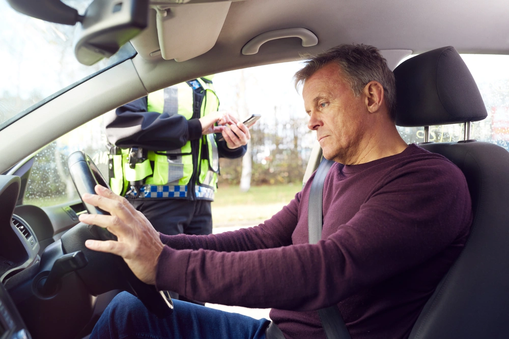 A man in his car with a police officer by his window