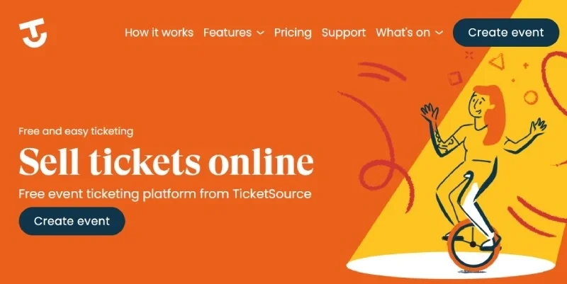 TicketSource free ticketing platform homepage for selling event tickets online