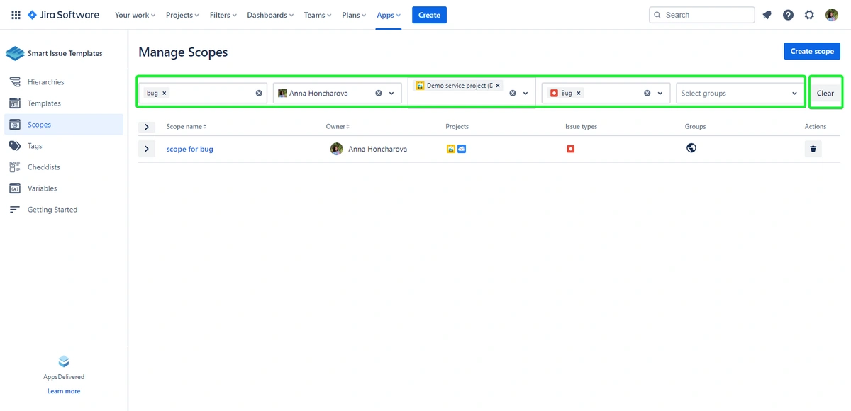 A screenshot of a "Manage Scopes" page within project management software, displaying search and filter options, and listing a scope item for bug tracking with an associated owner and project.