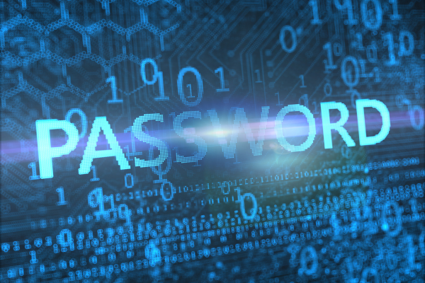 The word "PASSWORD" is in green and all caps over a jumbled background of blue digits and letters representing code