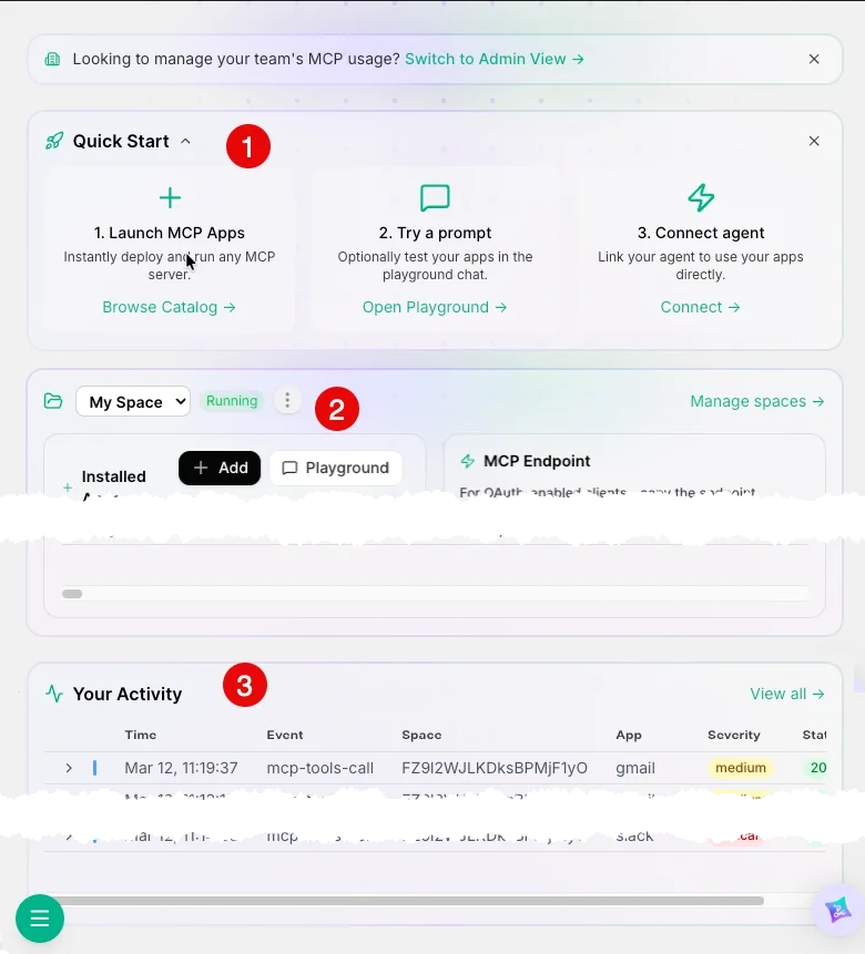 The user dashboard highlighting the quick start, spaces, and your activity sections.