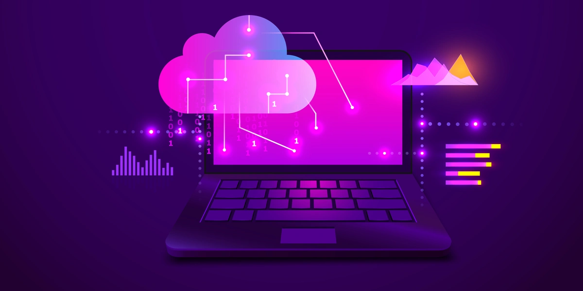 Digital illustration of a laptop with data analytics and cloud computing graphics, featuring vibrant purple and pink colors.