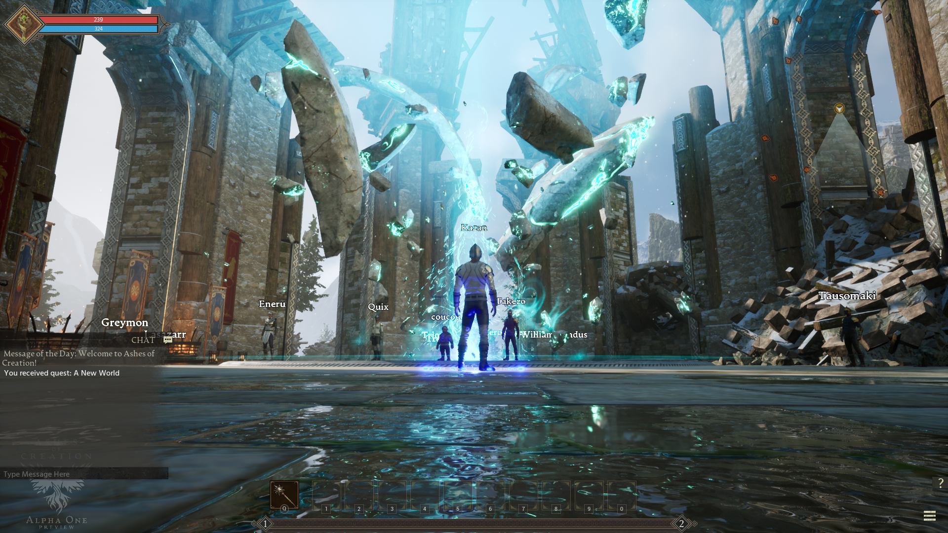 My character standing in front of the portal. The portal is made of flowing blue energy surrounded by floating rocks.