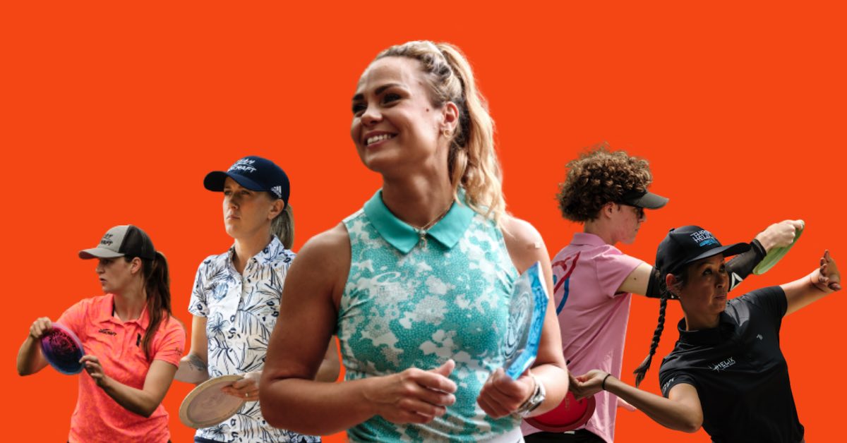 Six female pro disc golfers transposed onto an orange background