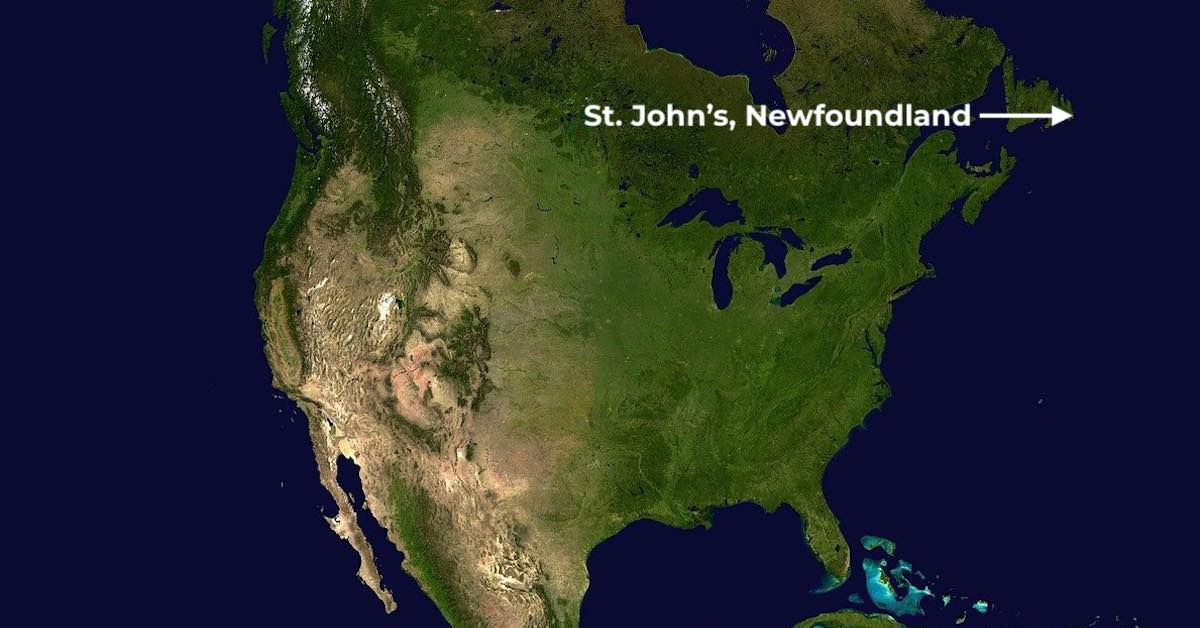 A map with an arrow pointing to the location of St. John's, Newfoundland, Canada