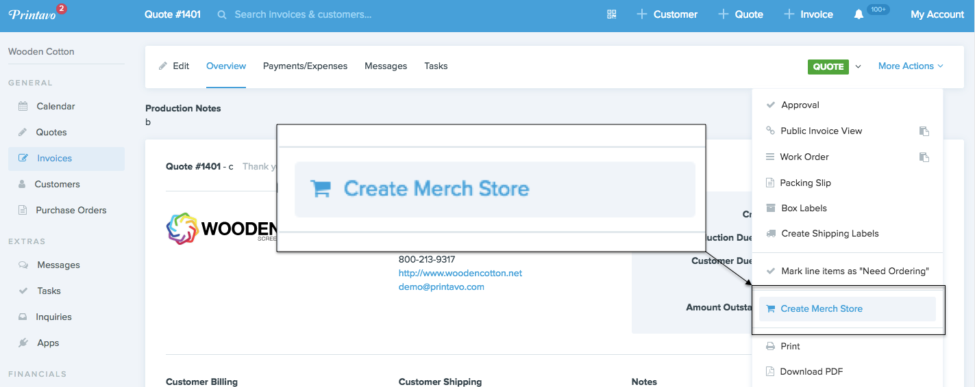 Create a store in Printavo Merch through a Printavo Quote