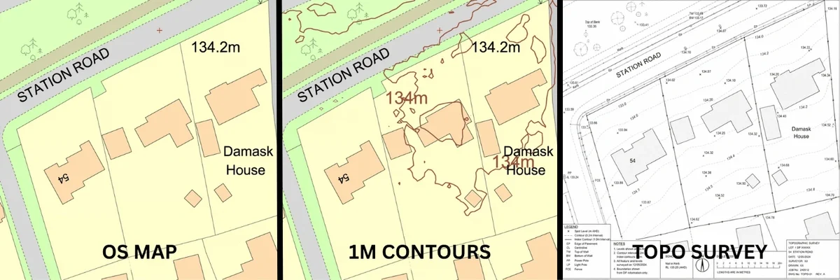 OS mapping, contour data and measured topographical survey compared for site planning workflows