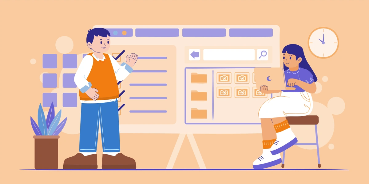 A cheerful cartoon of a boy standing and a girl sitting at a desk, both engaging with a task board displaying sticky notes and lists in a warm, office-like setting.