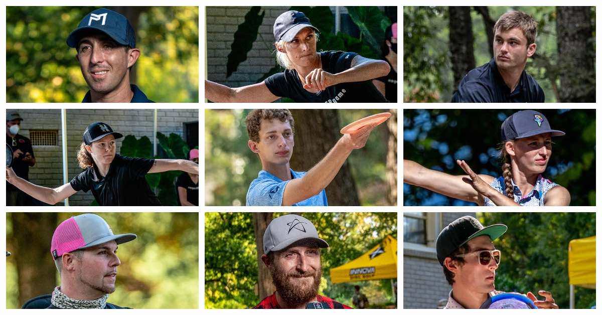 A collage of nine pro disc golfers' faces