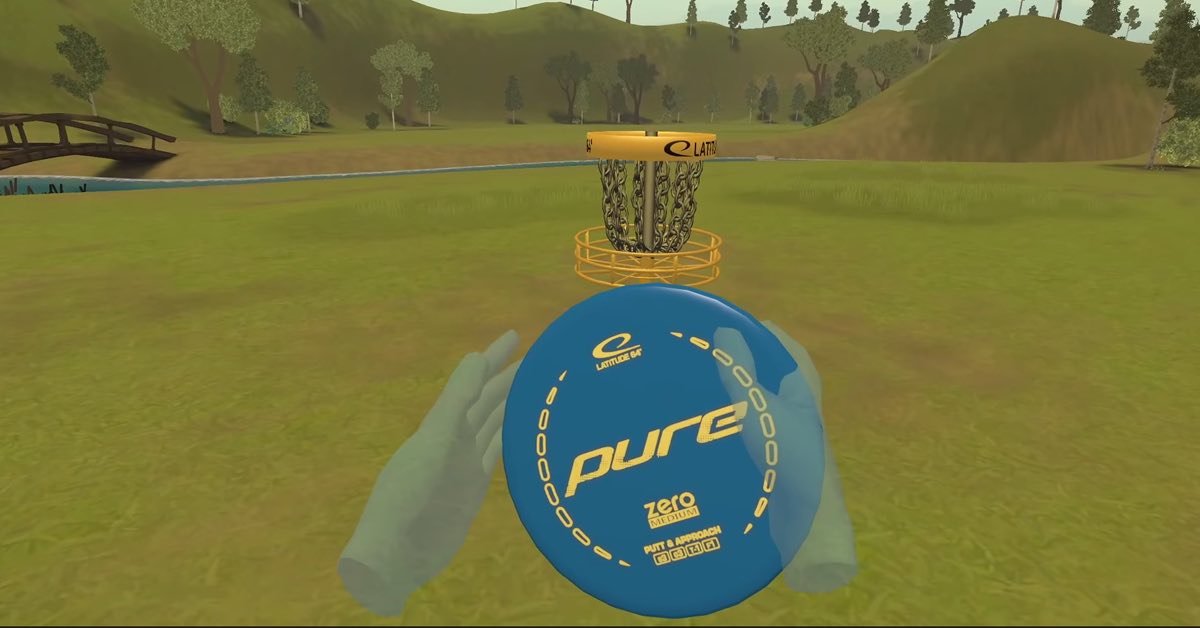 An animated dic golf course with grass, hills, and scattered tree. In the foreground are cartoonish hands around a blue putter looking at a disc golf basket.