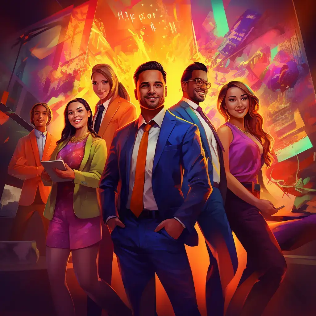 Subject: Sales Team Success Medium: Vibrant illustration Environment: Dynamic office setting Lighting: Energetic neon lights Color: Bold and colorful Mood: Energetic and exciting Composition: Group portrait of a diverse sales team