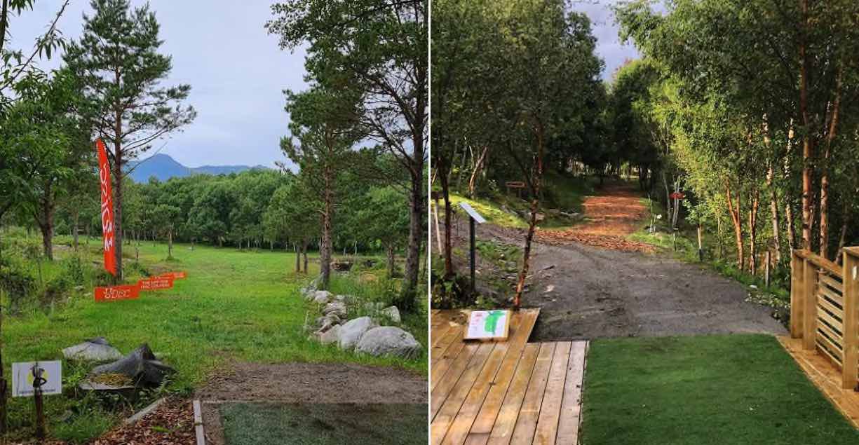 Two photos. Left of a disc golf tee pad leading to a somewhat open fairway lines by trees. Right of a tee leading to a tightly wooded fairway