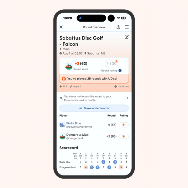 GIF od tapping three bars at top right of UDisc scorecard screen and finding "Share with CardCast" in the option