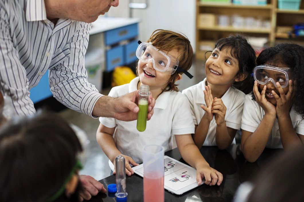 Kindergarten Students Learning in Science Experiment Laboratory Class