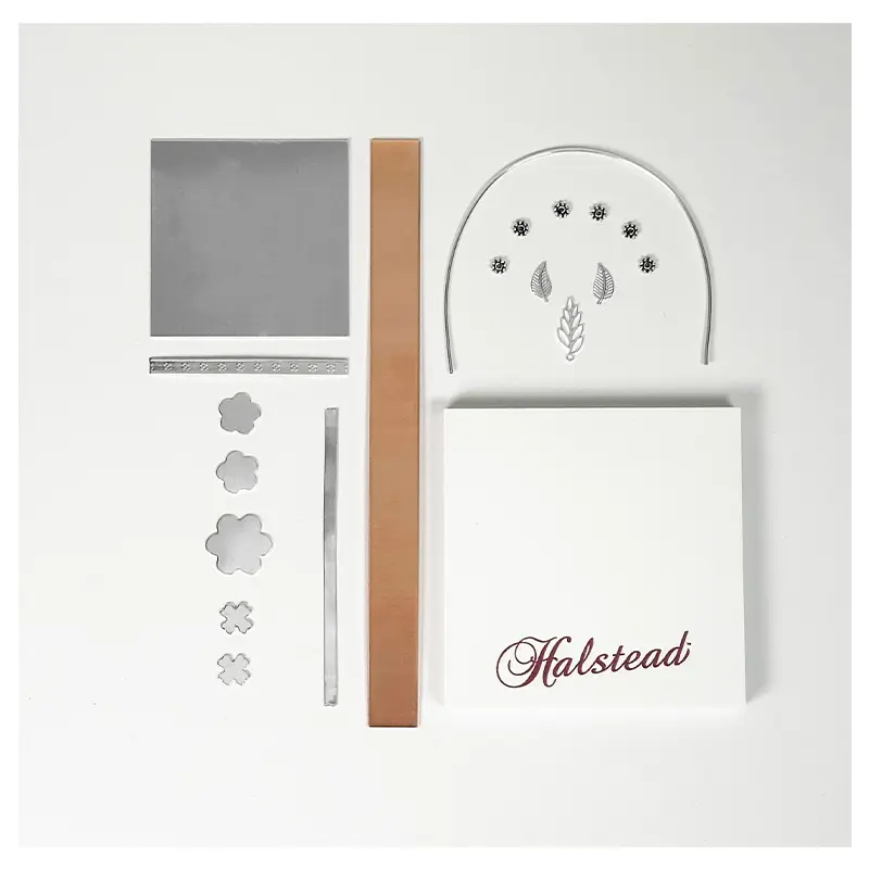2025 Halstead Showcase Kit. Misc silver jewelry materials including sheet, wire, flower blanks, beads, and more