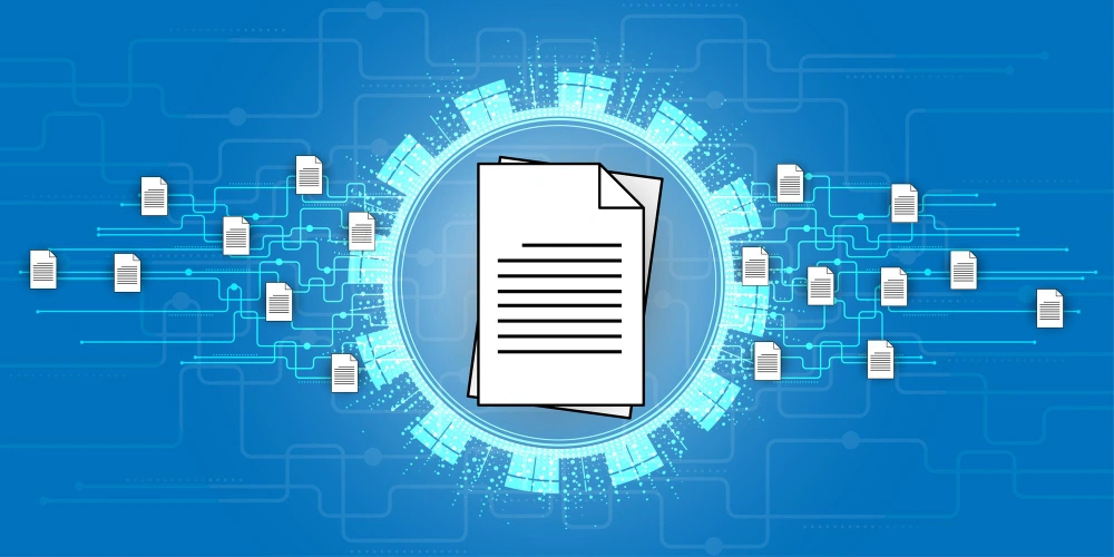 A digital concept art featuring a centralized document icon surrounded by a network of connected database or data blocks, set against a blue technological background, representing data management or blockchain technology.