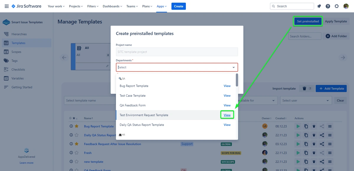 A screenshot from a project management software showing a dialog to create preinstalled templates, with a dropdown for selecting departments and a list of available templates.