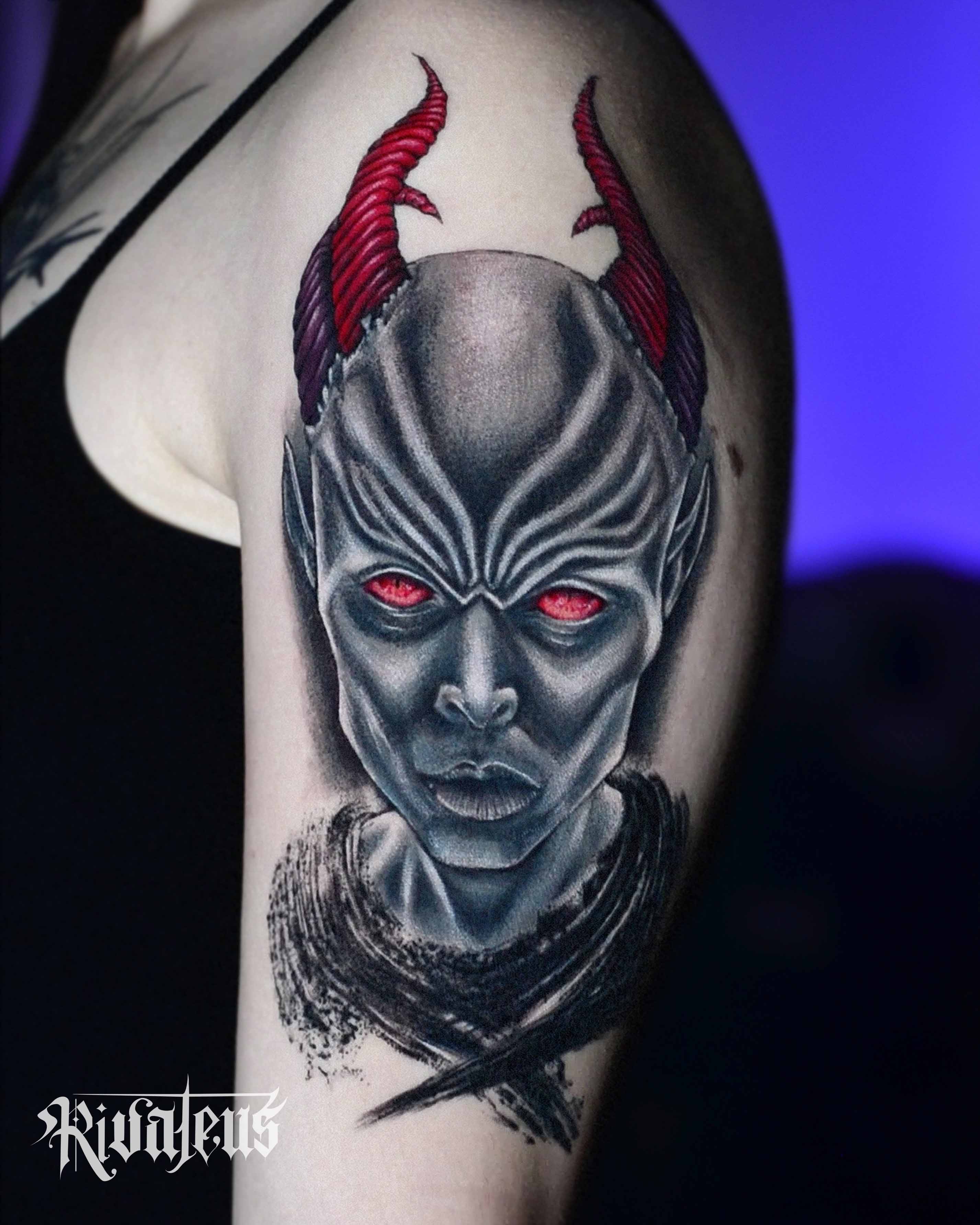 devil woman horror portrait tattoo by tugce soylu