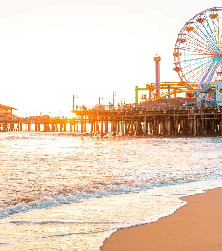 Santa Monica Pier at sunset with faris wheel in California
