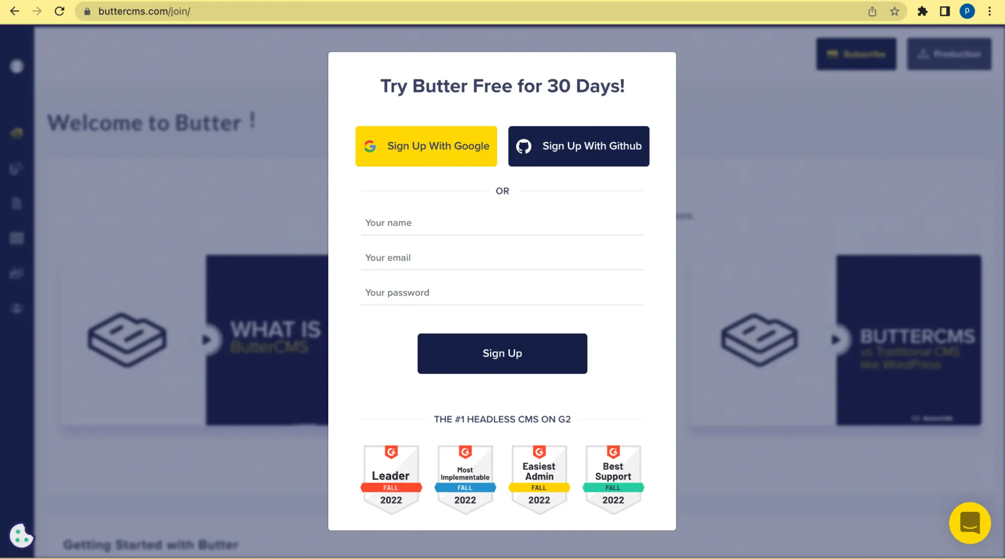 ButterCMS sign up page/ pop-up