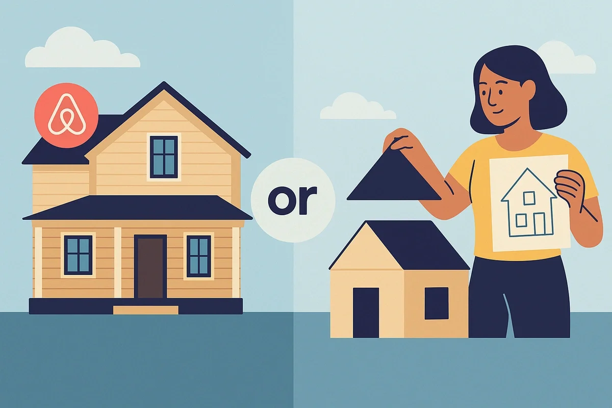 Side-by-side illustration showing an existing Airbnb house on the left and a person constructing a new short-term rental on the right.