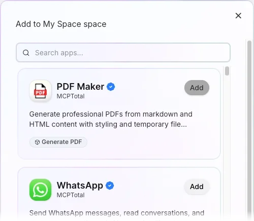 The app catalog opened from the add button on a space, showing the search bar and app titles.