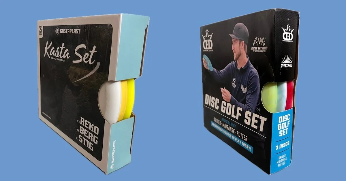 Two disc golf starter sets on a blue background