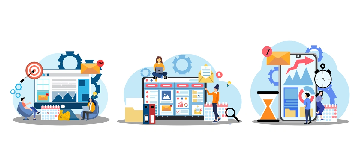 A colorful illustration of people engaged with various elements of project management, including a website layout, mobile interface, and time management tools, representing different aspects of digital project planning.