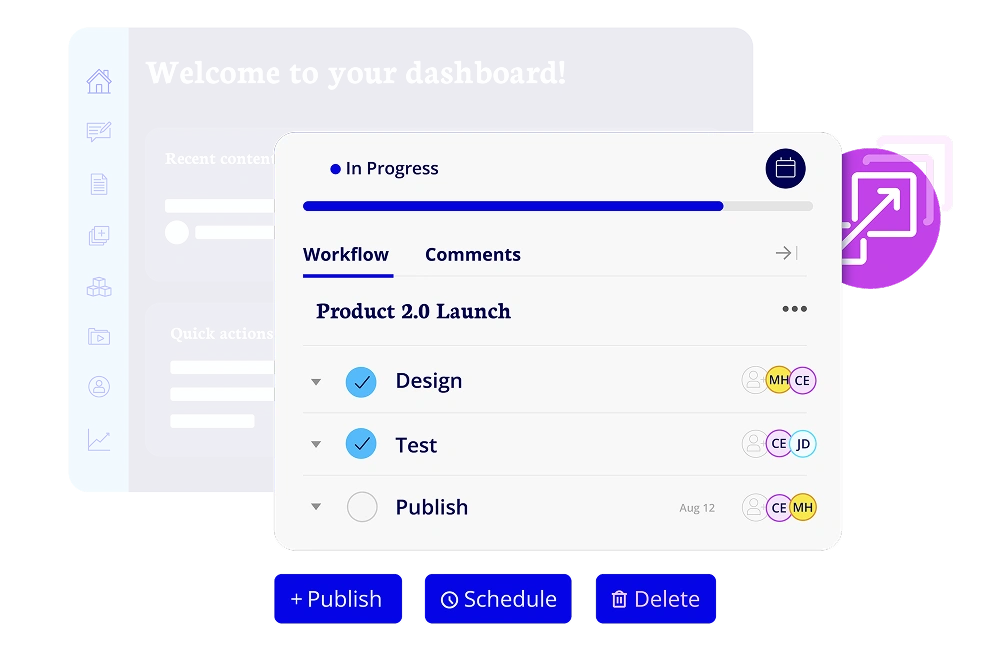 Screen showing in progress bar, workflow tab and Design, Task and Publish checks. Publish radio button isn't checked