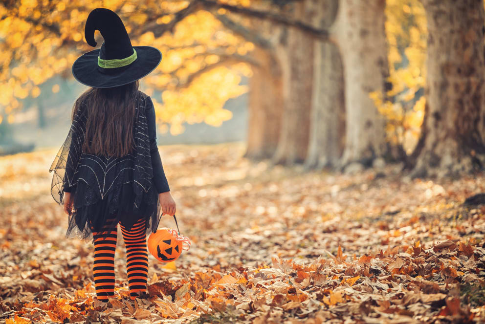 kid dressed as witch during fall