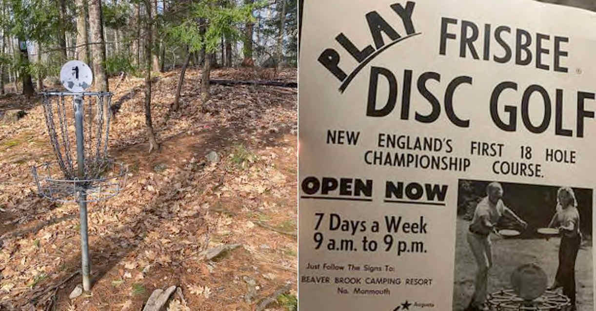 Two images. One of an old disc golf basket in the woods. The other of an old ad for Frisbee Disc Golf