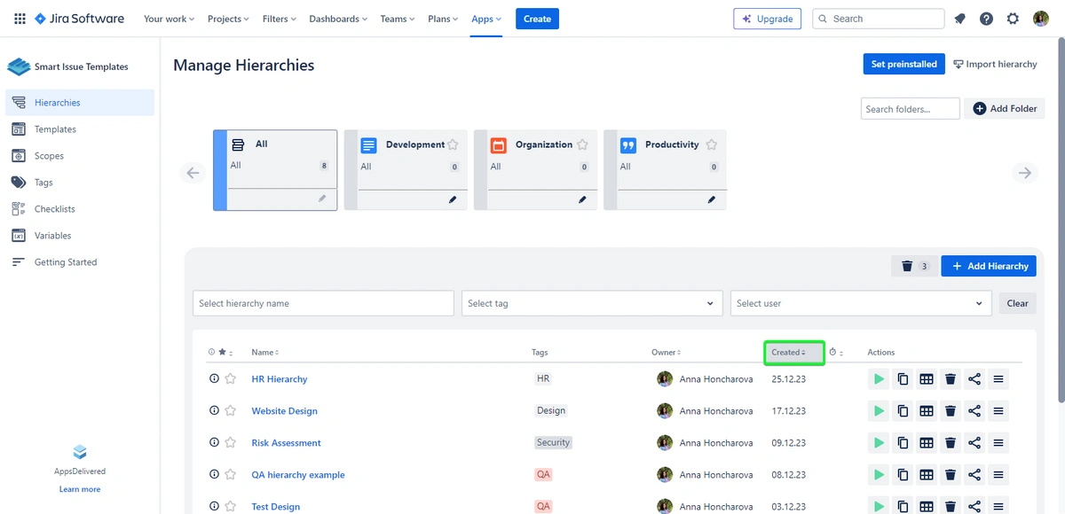 Screenshot of the 'Manage Hierarchies' page in Jira Software, displaying a filtered list of hierarchies with options for editing and organizing.