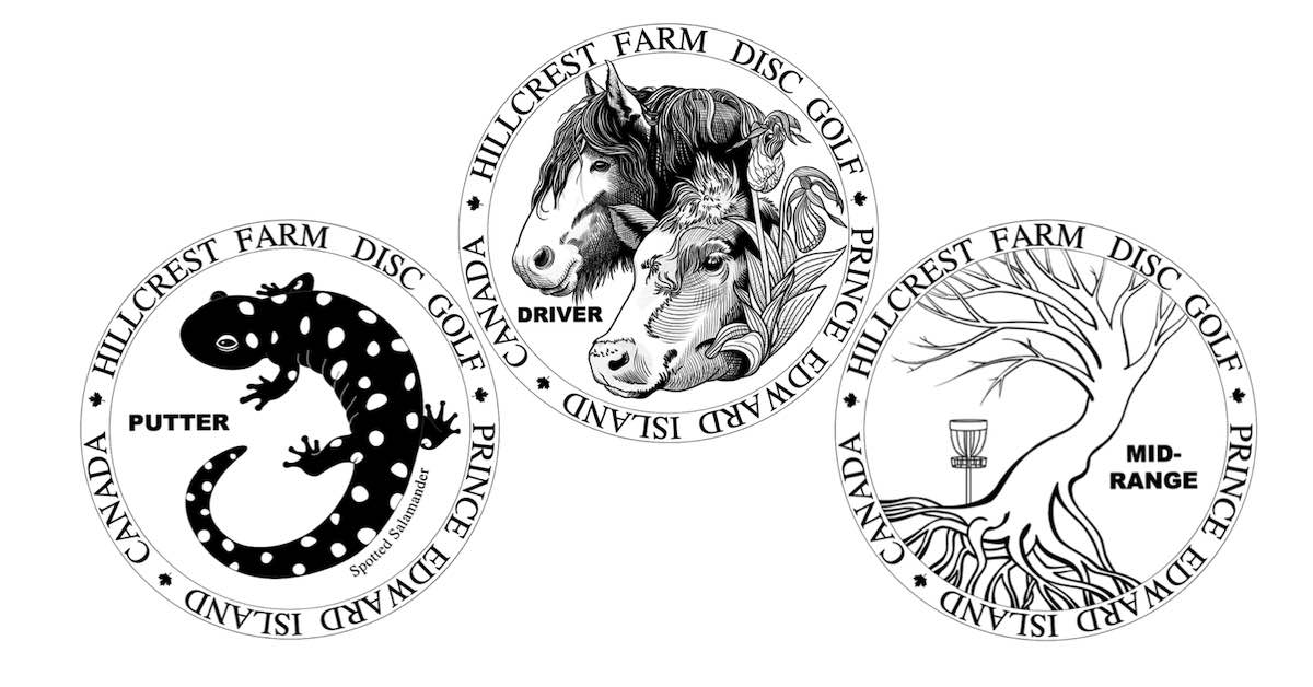 Three black and white prints, one with a salamander, one with a cow and horse, and one with a tree and disc golf basket in round frames 