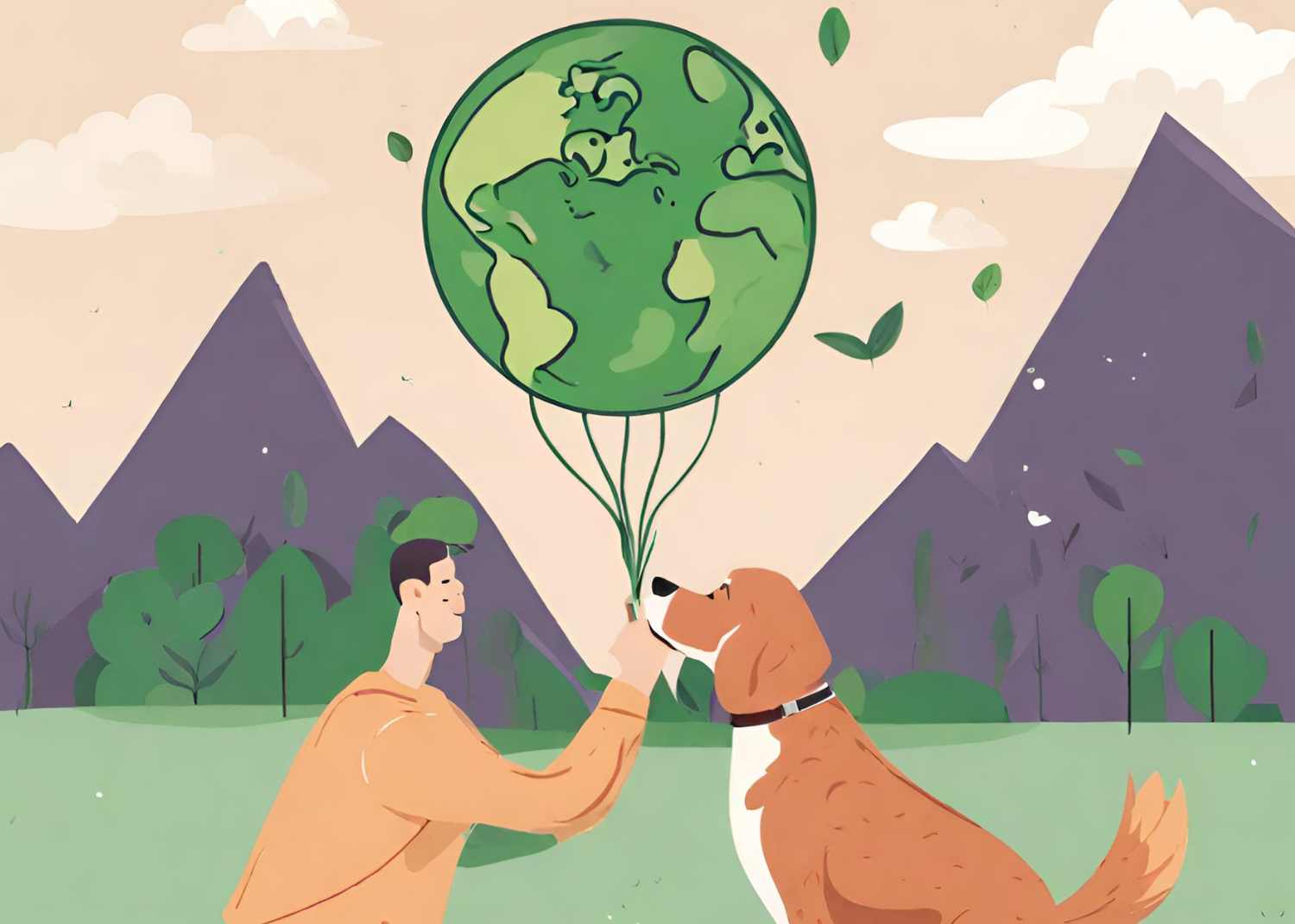 A man holds a balloon of the earth sitting next to a dog