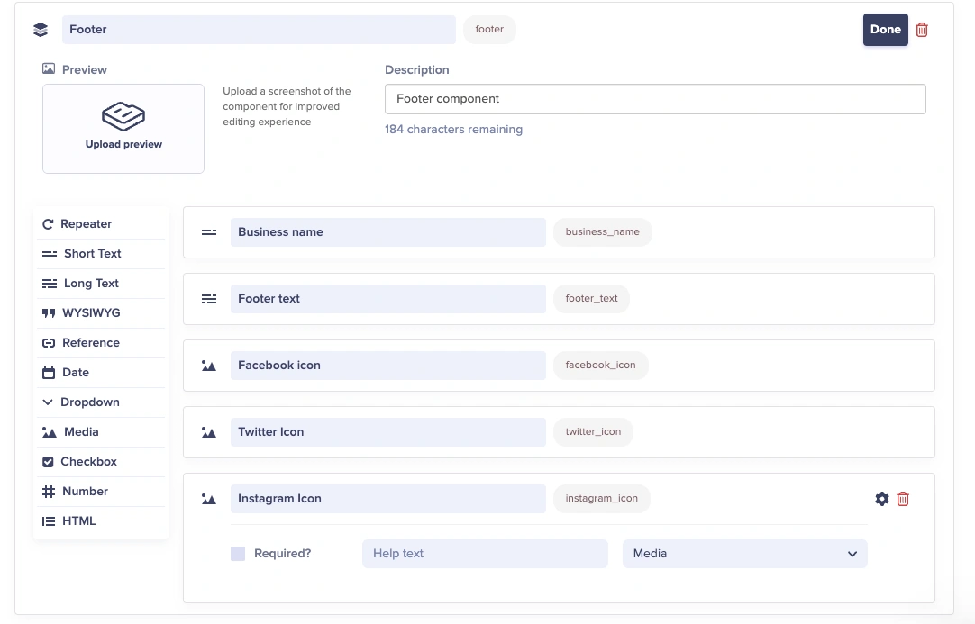 Footer component configuration