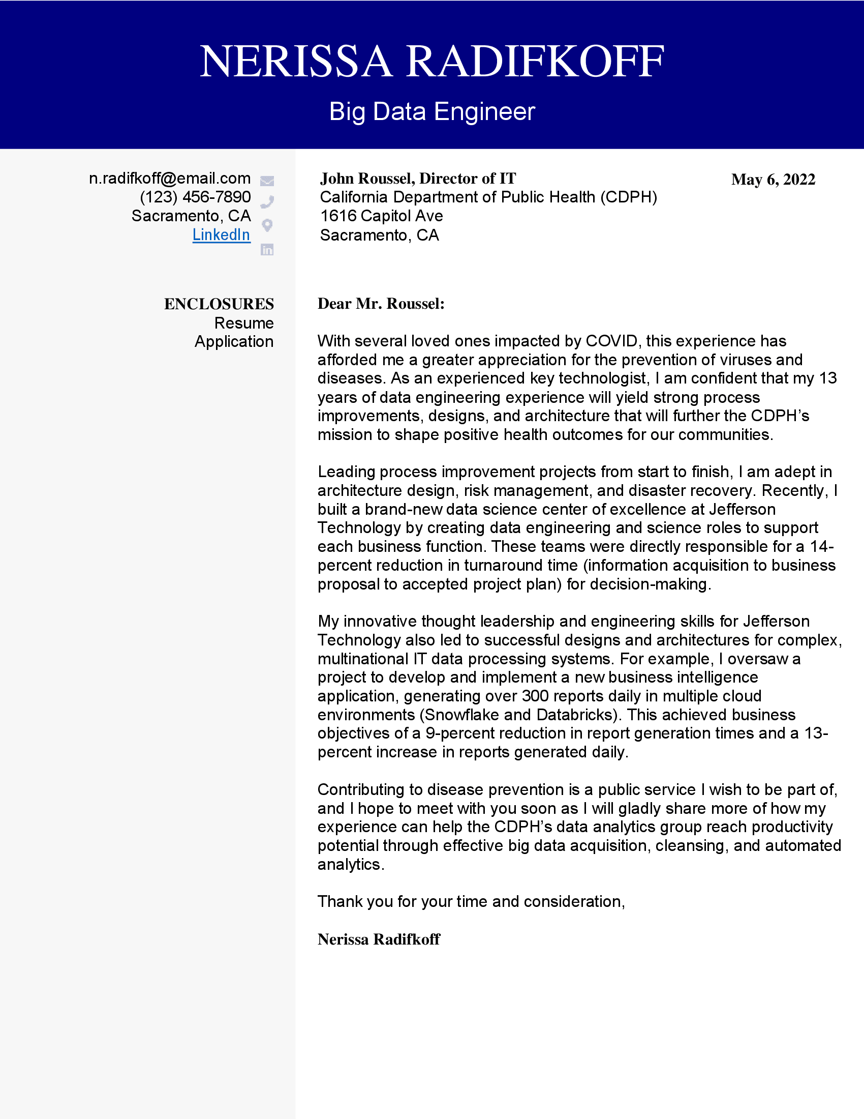 Big data engineer cover letter with blue contact header
