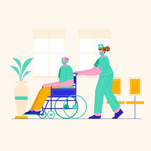 nurse pushing wheelchair in long term care facility